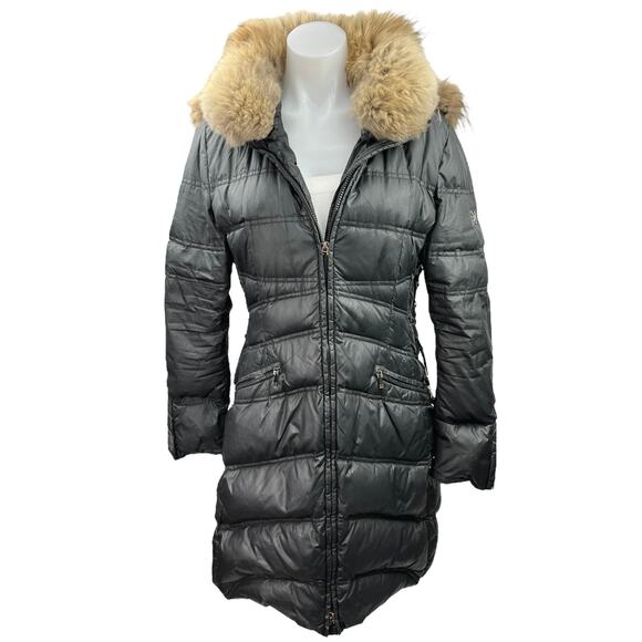 Dawn Levy Womens Black Zip Up Hooded Fur Collar Goose Down Puffer Coat Jacket M - Picture 1 of 7